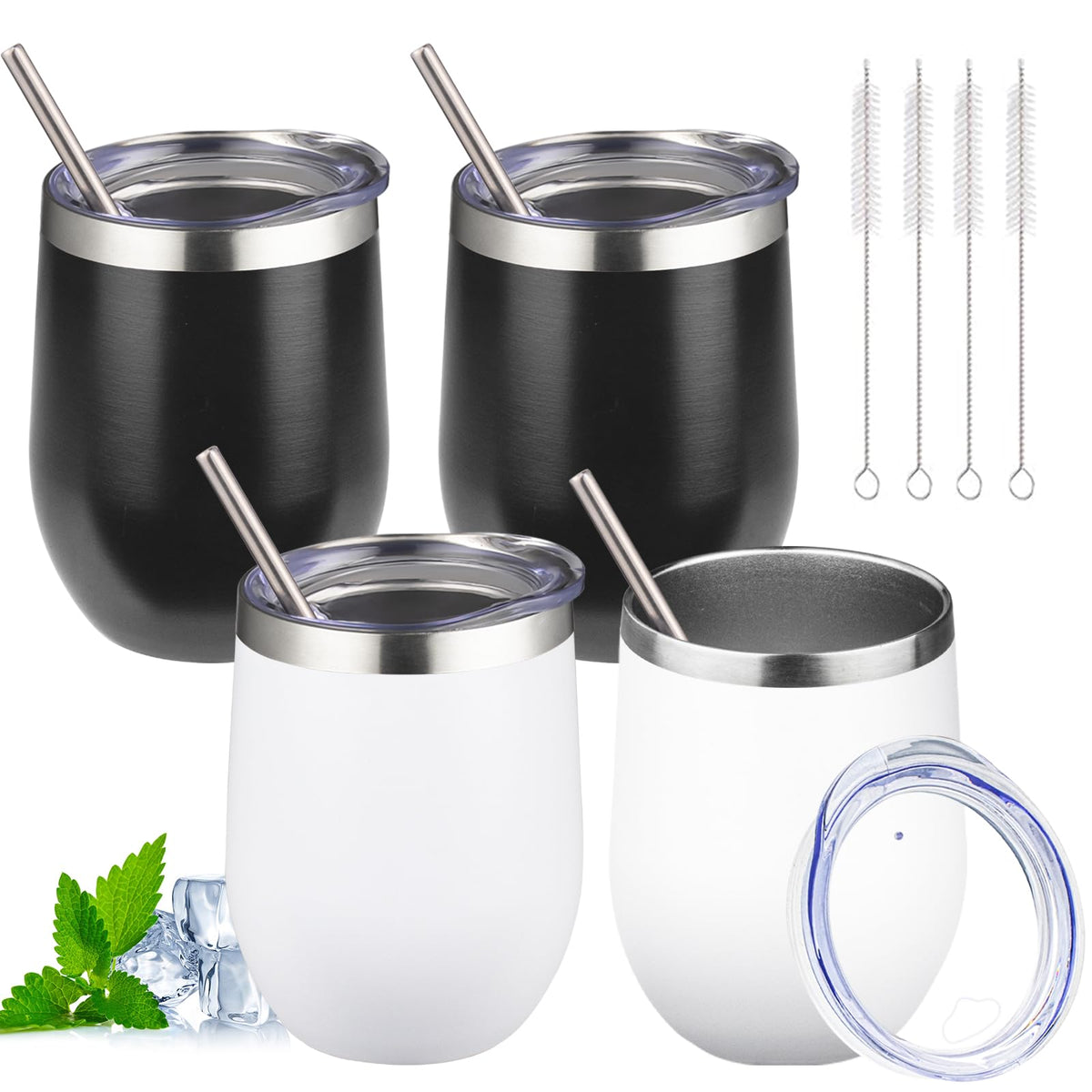 12oz Stemless Wine Tumbler with Lid Double Wall Insulated Wine Cup Stainless Steel Glasses Tumbler with Straw Insulated Cocktail Tumbler Coffee Mug for Hot and Cold Beverages (Multicolor-4, 4 Pack)