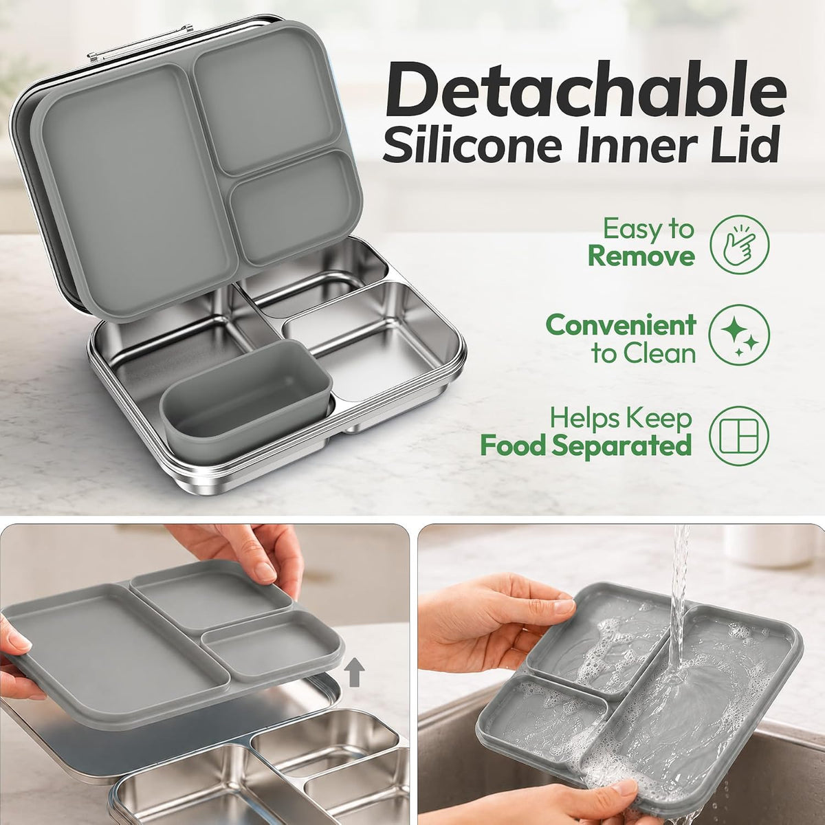 Stainless Steel Bento Lunch Box for Kids and Adults,3 Compartment Meal Lunch Box with Detachable Silicone Lid,Leak-Resistant Food Container with Snack Cup for School,BPA-Free(Grey)