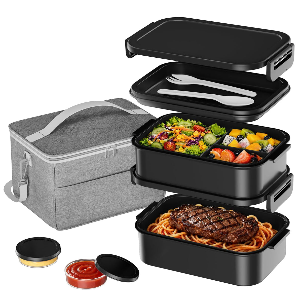 Adults Lunchbox Bento Box with Lunch Bag- 74 OZ All-in-One Stackable Lunch Box for Adults Kids Women Men Leakproof Bento Large Lunch Box Containers with Fork Spoon Sauce Box for Work School (Grey)