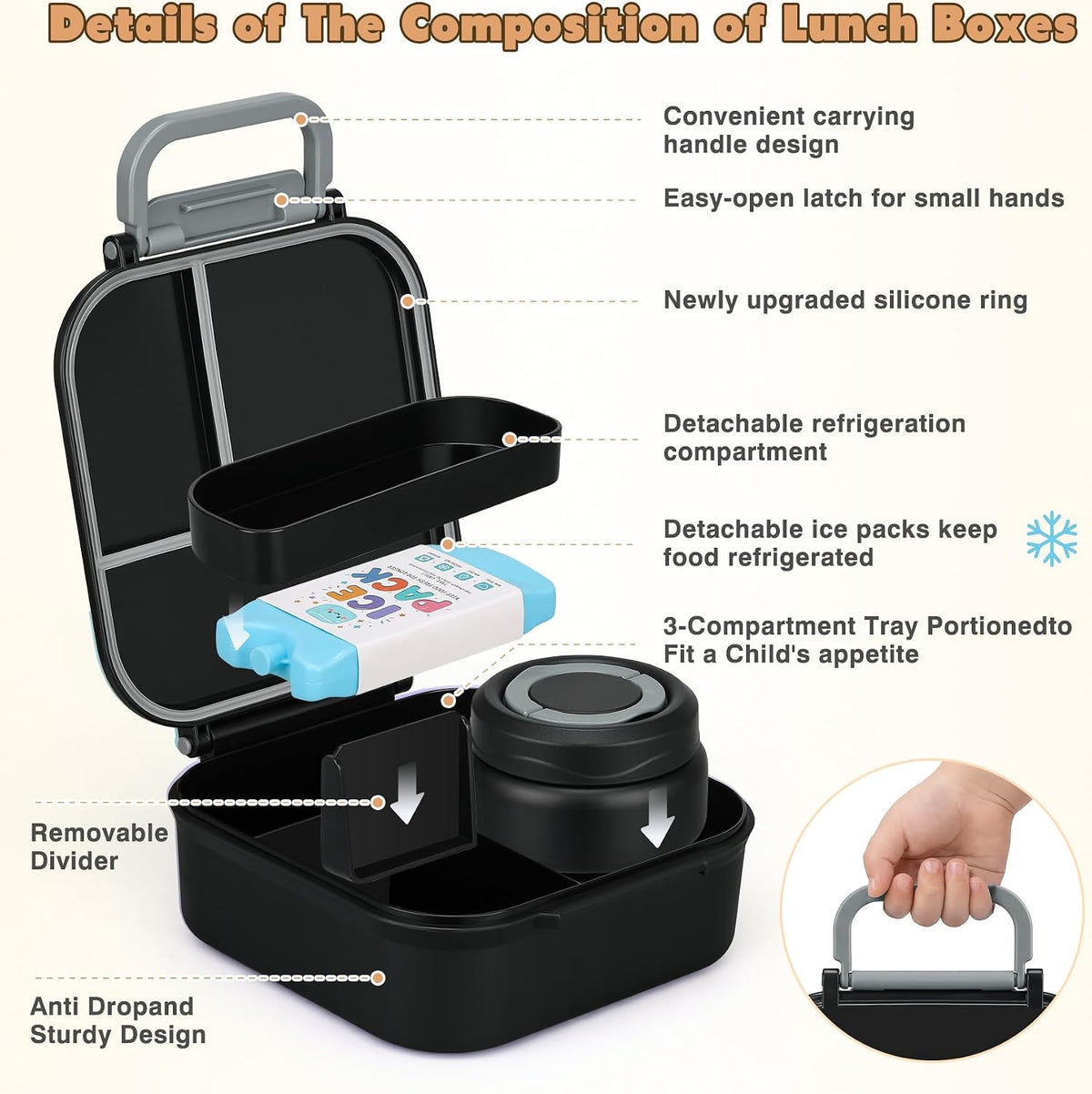 Bento Lunch Box for Kids with 7oz Soup Thermo,Insulated Stainless Steel Kids Water Bottle with Straw and Insulated Lunch Bag,Leak-Proof Lunch Food Container with Ice Pack for School(Black)