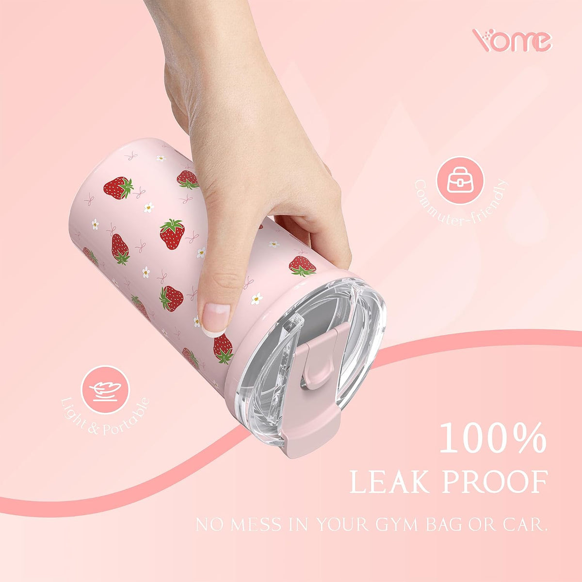 YOME 12oz Strawberry Pink Insulated Coffee Cup with Lid and Straw for Women | 2 in 1 Lid | Stainless Steel | Travel Coffee Cup| 100% Leak Proof | Keeps Drinks Cold&Hot | Gift Travel Gym Car