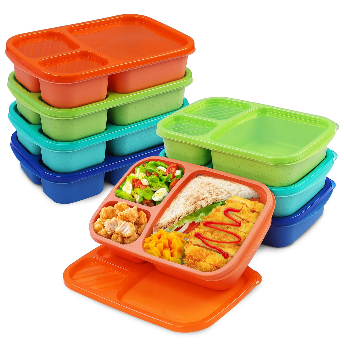 buluker 4 Pack Bento Lunch Box Set 3 Compartment Food Storage Containers Wheat Straw Meal Prep Lunch Box Plastic Food Storage Containers, Microwave and Dishwasher Safe (Vivid Colors)