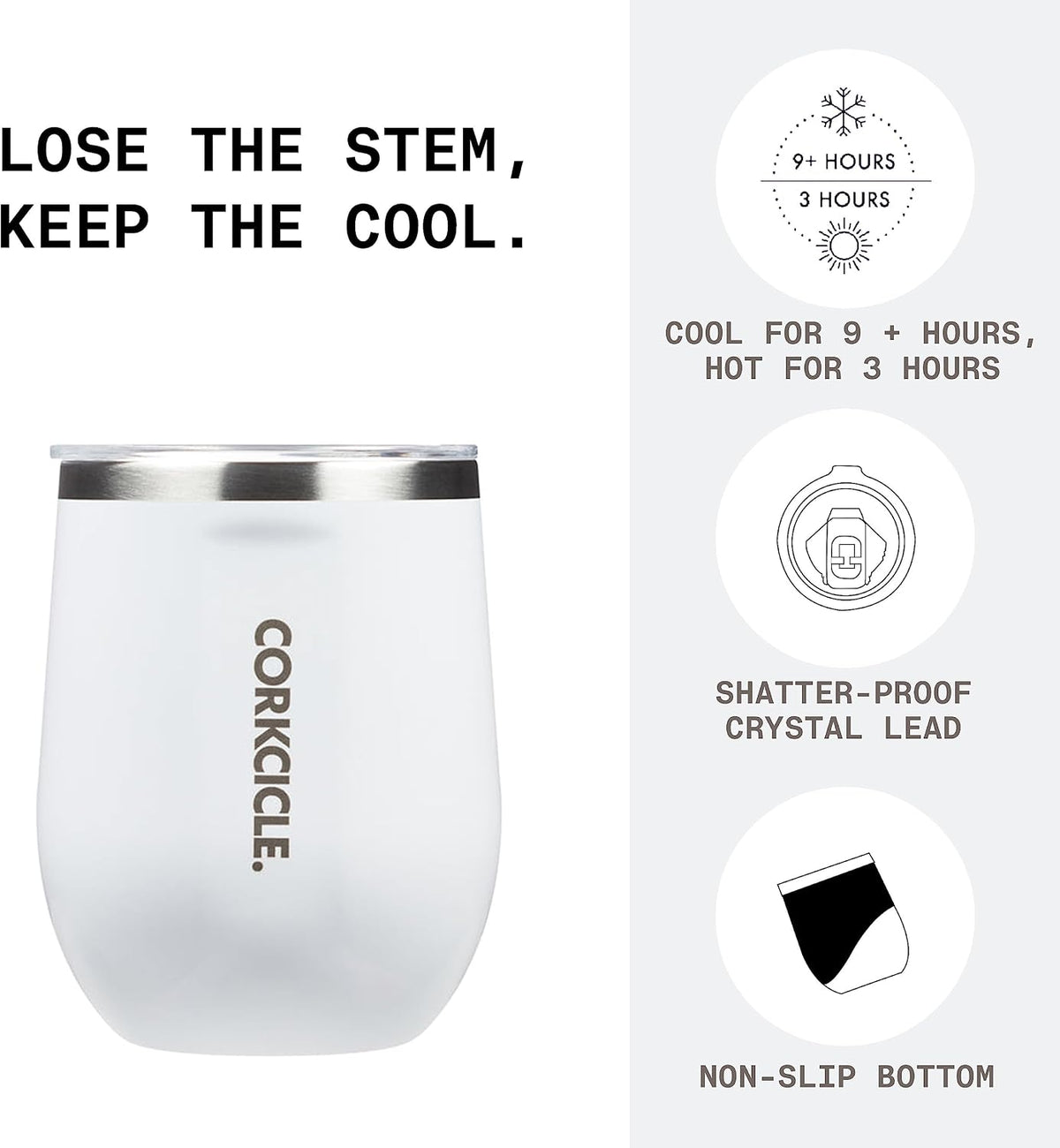 Corkcicle Stemless Wine Tumbler with Lid, 12oz, Gloss White