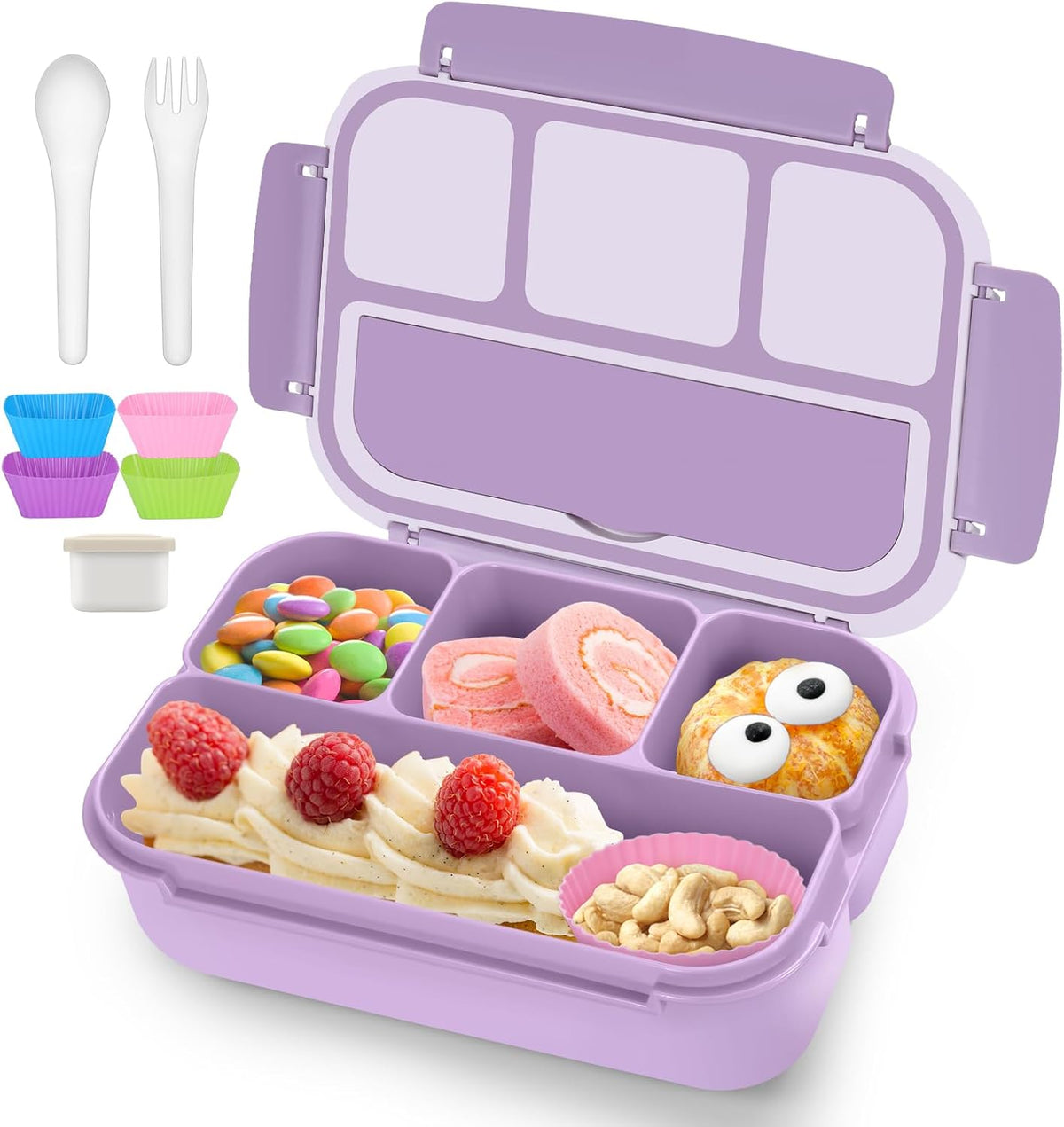 QQKO Bento Box Adult Lunch Box, Lunch Containers for Adults Men Women, Kids Lunch Boxes for School with 4 Compartments, Sauce Container, Utensils and Muffin Cups, Purple