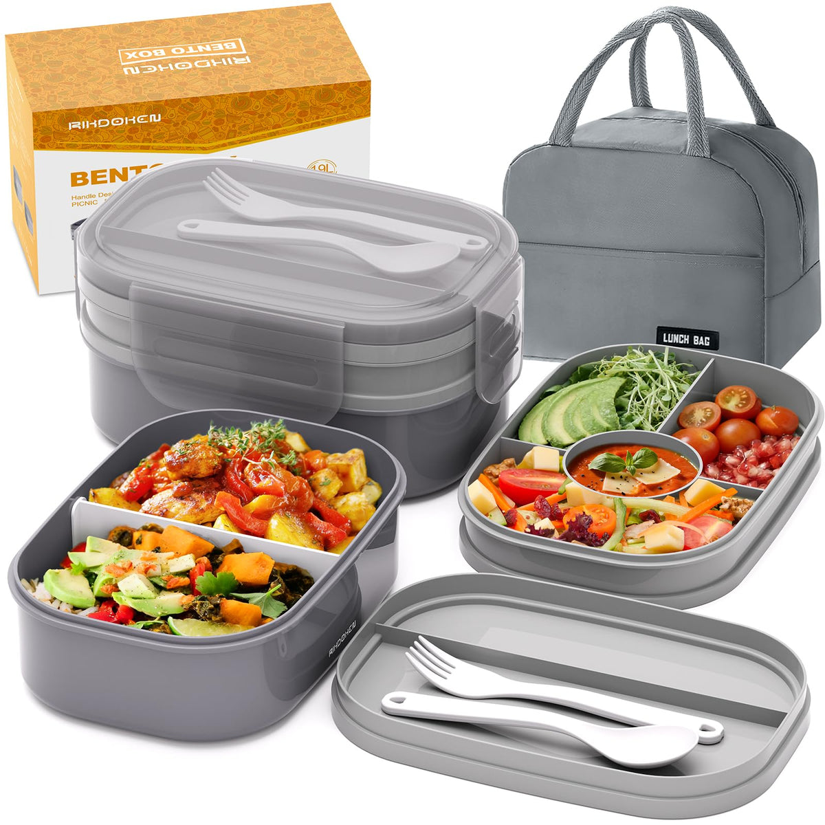 RIKDOKEN Bento Lunch Box, Stackable 2 Layers Containers with Compartments, Portable 64OZ Large Capacity Leakproof Bento Box with Spoon & Fork & Lunch Bag, Microwave Safe Lunch Box for Kids and Adults