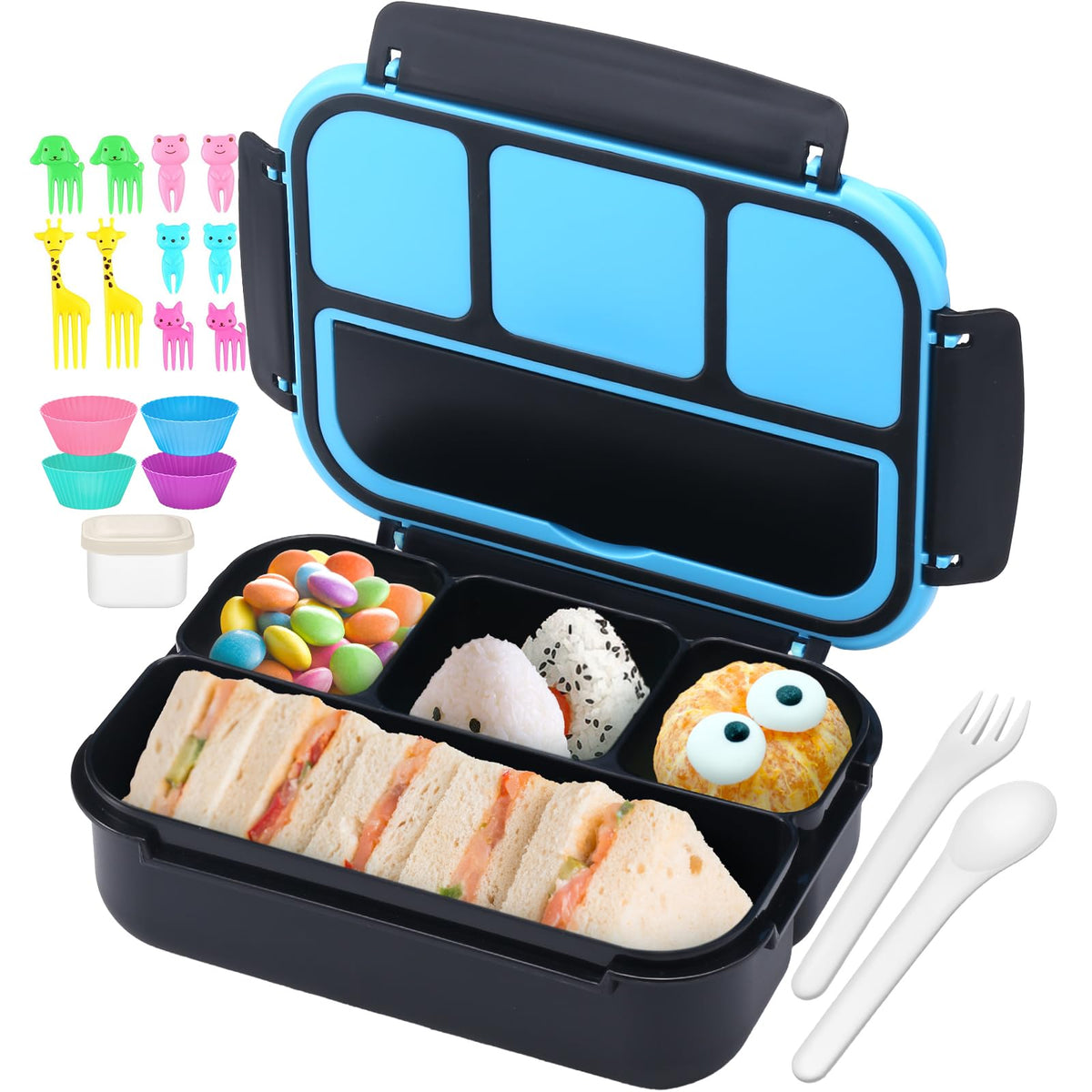 QQKO Bento Box Adult Lunch Box, Lunch Containers for Adults Men Women, Kids Lunch Boxes for School with 4 Compartments, Sauce Container, Utensils and Muffin Cups, Purple