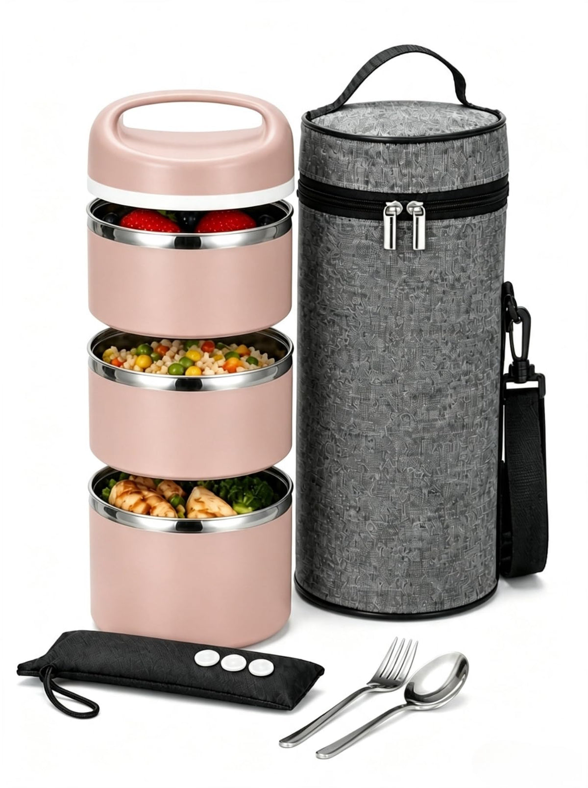 Lille Home Stackable Stainless Steel Thermal Lunch Box, 43OZ/1.38L
