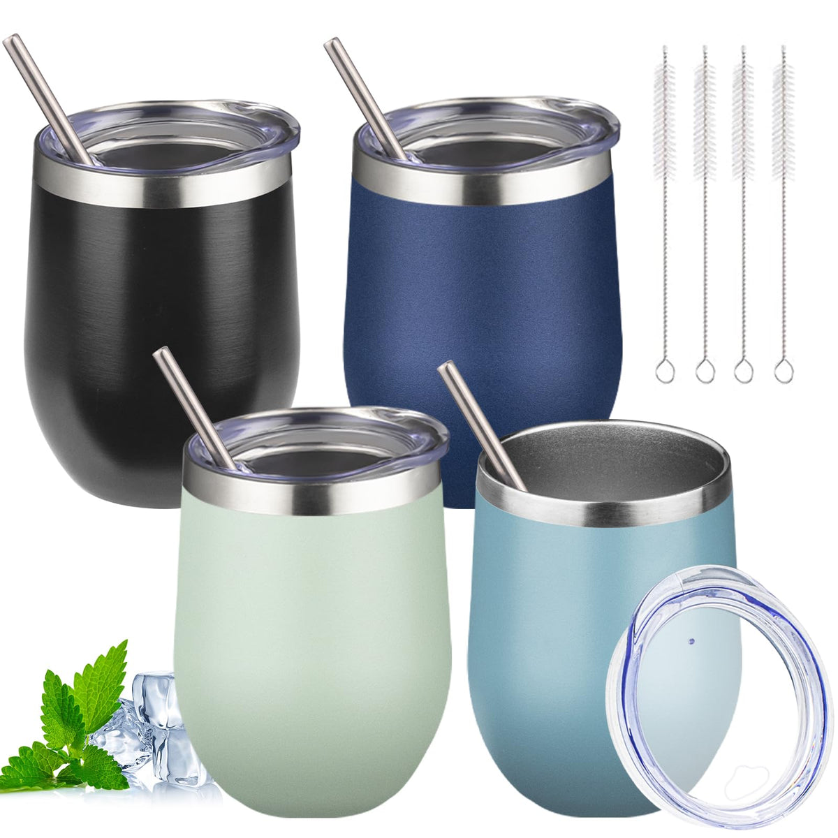 12oz Stemless Wine Tumbler with Lid Double Wall Insulated Wine Cup Stainless Steel Glasses Tumbler with Straw Insulated Cocktail Tumbler Coffee Mug for Hot and Cold Beverages (Multicolor-4, 4 Pack)