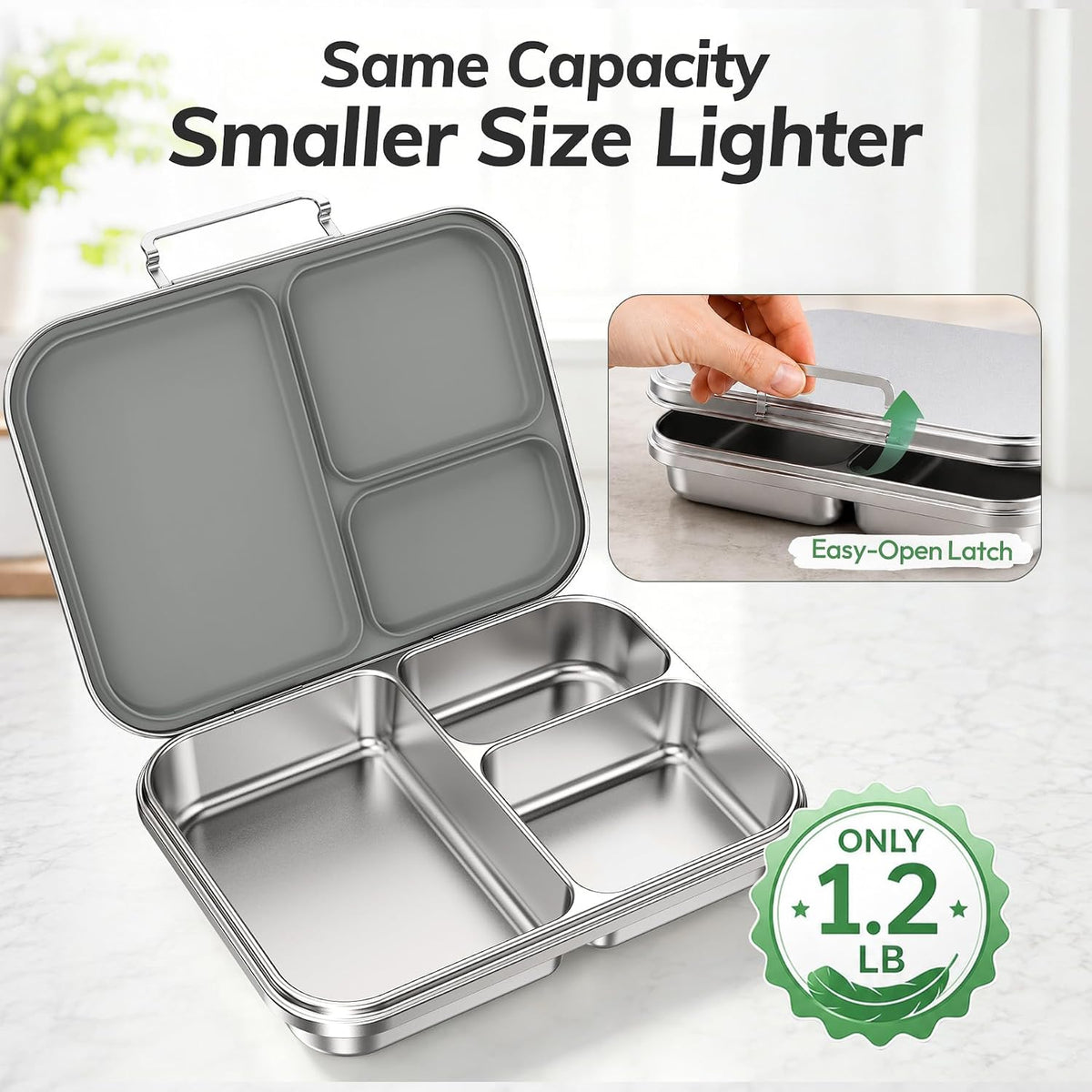 Stainless Steel Bento Lunch Box for Kids and Adults,3 Compartment Meal Lunch Box with Detachable Silicone Lid,Leak-Resistant Food Container with Snack Cup for School,BPA-Free(Grey)
