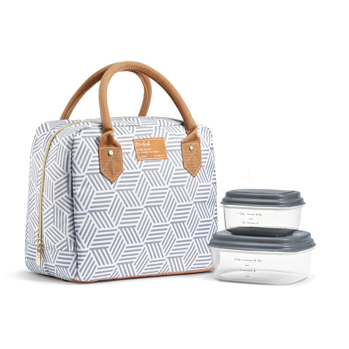 Fit & Fresh Bloomington Lunch Bag for Women - Insulated Large Lunch Box for Work with Containers, Leak-Resistant, Stain-Resistant, Zipper Closure, Feline Fine Ivory