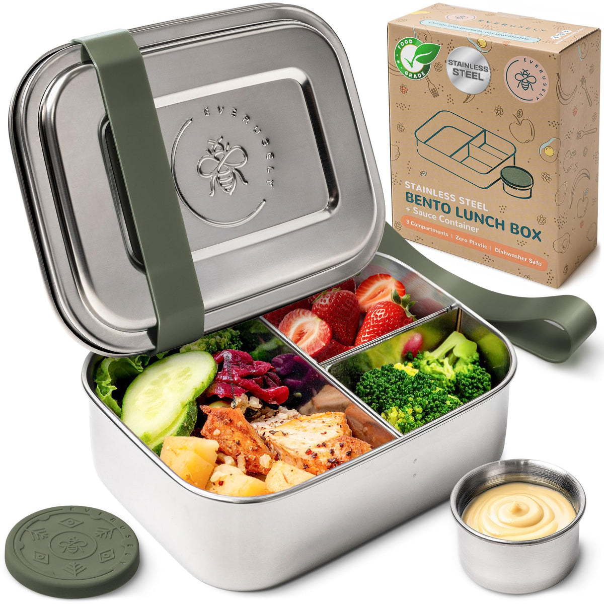 Stainless Steel Bento Box + Condiment Container - Sage, 60oz / 1.8 L