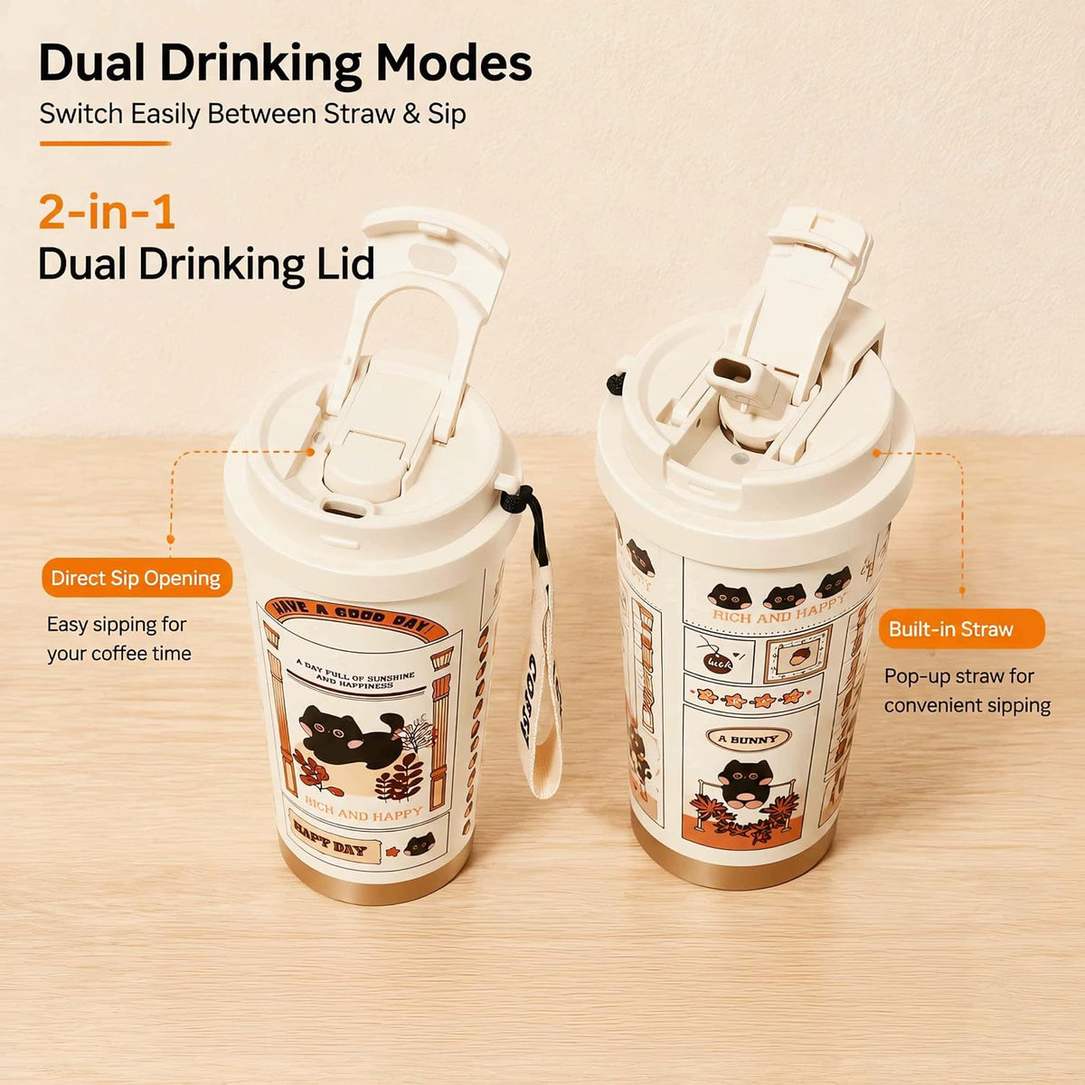 16oz Cat Coffee Travel Mug with Lid and Straw