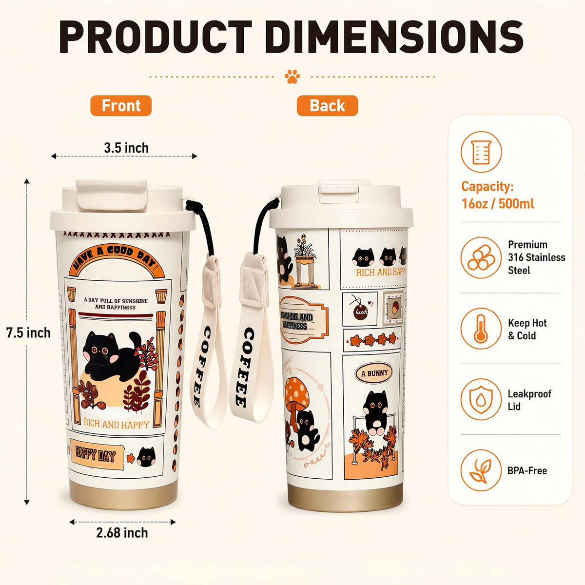 16oz Cat Coffee Travel Mug with Lid and Straw