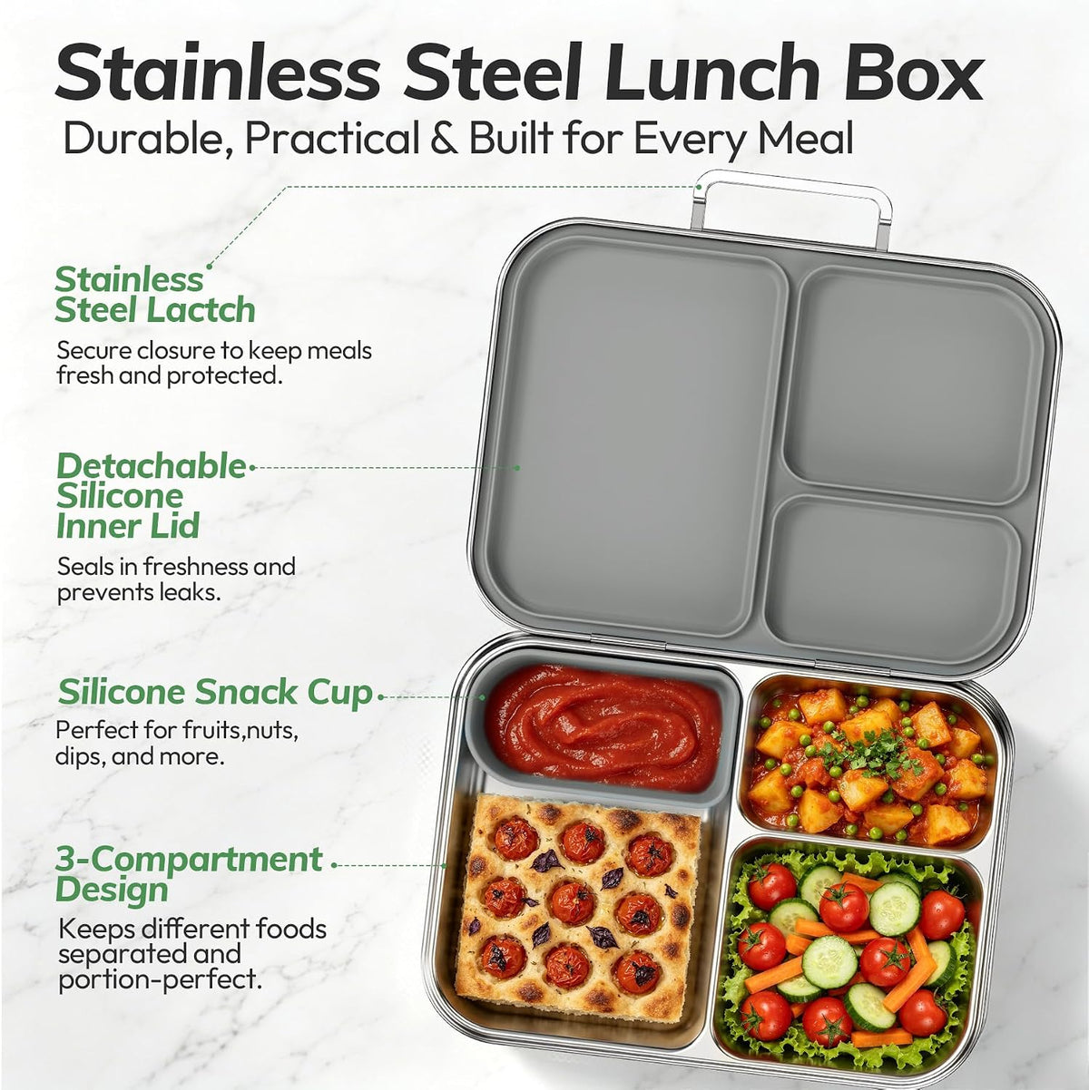 Stainless Steel Bento Lunch Box for Kids and Adults,3 Compartment Meal Lunch Box with Detachable Silicone Lid,Leak-Resistant Food Container with Snack Cup for School,BPA-Free(Grey)