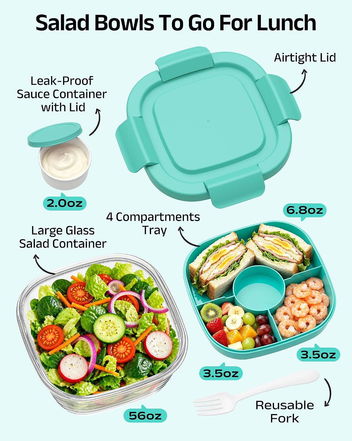 Glass Salad Container,56oz Salad Bowl To Go for Lunch with Airtight Lid,Leak-Proof Sauce Container,4-Compartment Bento Tray & Reusable Fork - BPA-Free Glass Lunch Box for Meal Prep,Office（Green）