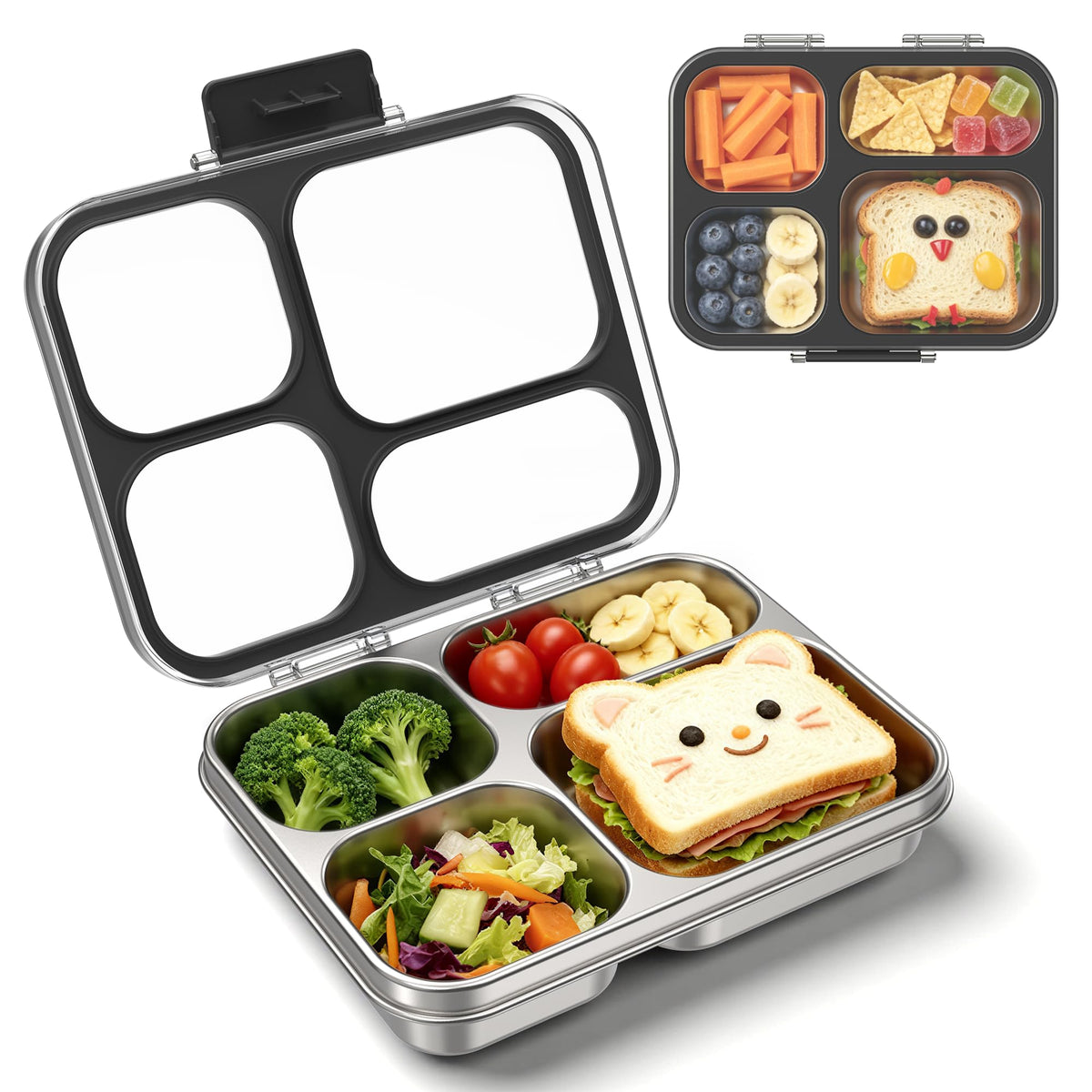 Stainless Steel Lunch Box for Kids, Leakproof 4 Compartment Kids Bento Lunch Box with Clear Lid, BPA-Free Steel Lunch Box Containers for School Travel (Pink)