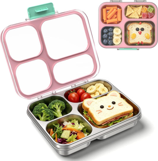 Stainless Steel Lunch Box for Kids, Leakproof 4 Compartment Kids Bento Lunch Box with Clear Lid, BPA-Free Steel Lunch Box Containers for School Travel (Pink)