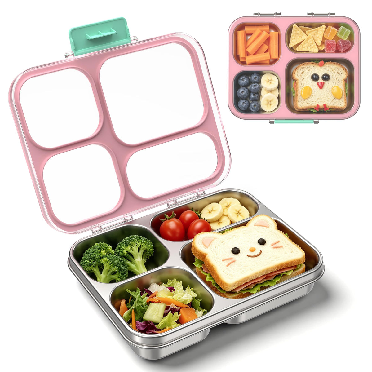 Stainless Steel Lunch Box for Kids, Leakproof 4 Compartment Kids Bento Lunch Box with Clear Lid, BPA-Free Steel Lunch Box Containers for School Travel (Pink)