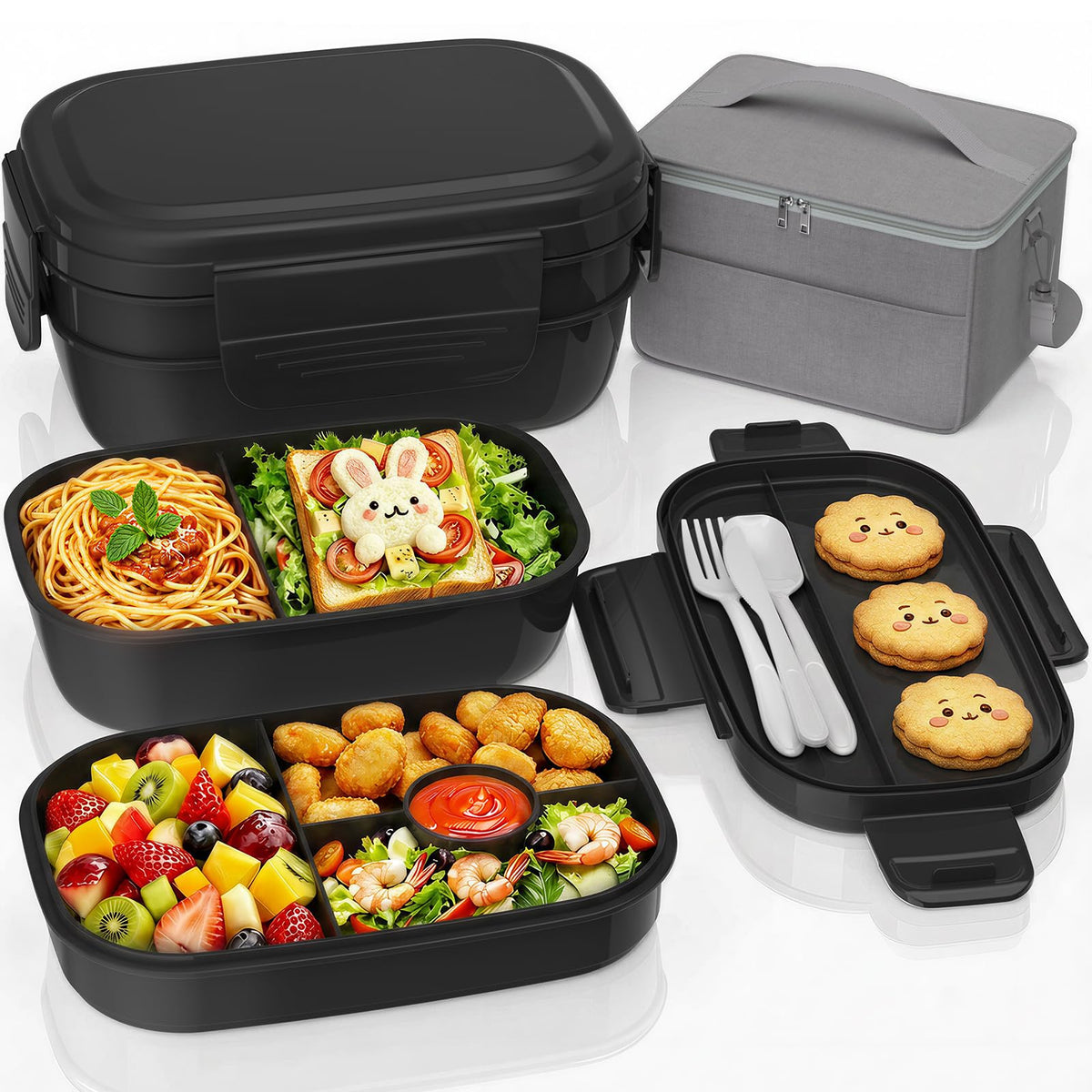 Adults Bento Lunch Box Set with Lunch Bag for Work, Dining Out（Grey）