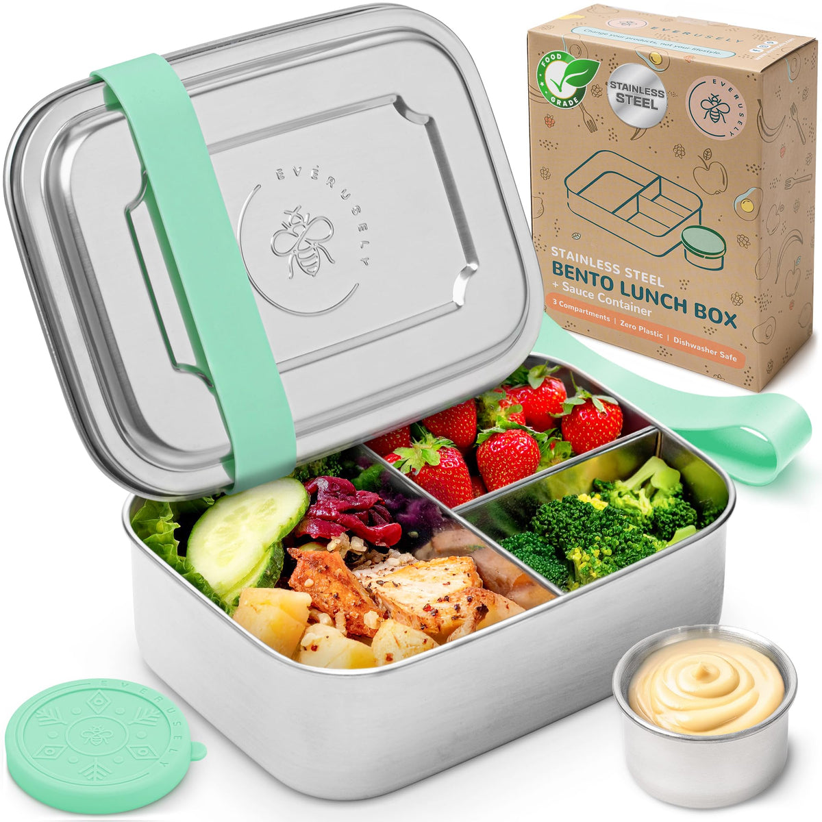 Stainless Steel Bento Box + Condiment Container - Sage, 60oz / 1.8 L