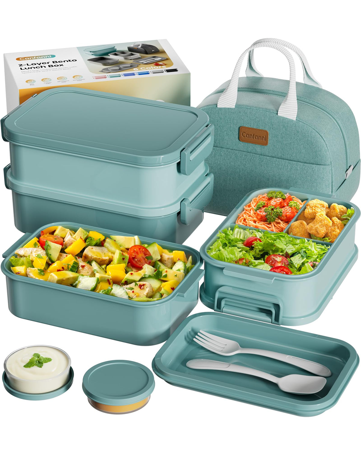 Adults Bento Box with Insulated Lunch Bag, 74oz Capacity 3 Stackable Leak-Proof Bento Box Built-In Utensil and Sauce, PFAS & BPA-Free, Microwave & Dishwasher Safe (Astral Black)