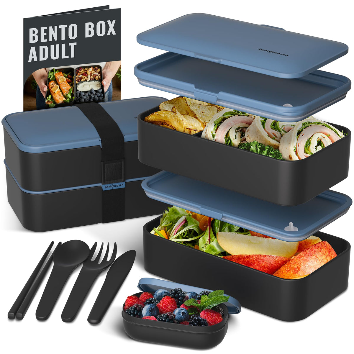 Bentoheaven Bento Box Adult, Stackable Lunch Box, 40 oz, Symph Onyx