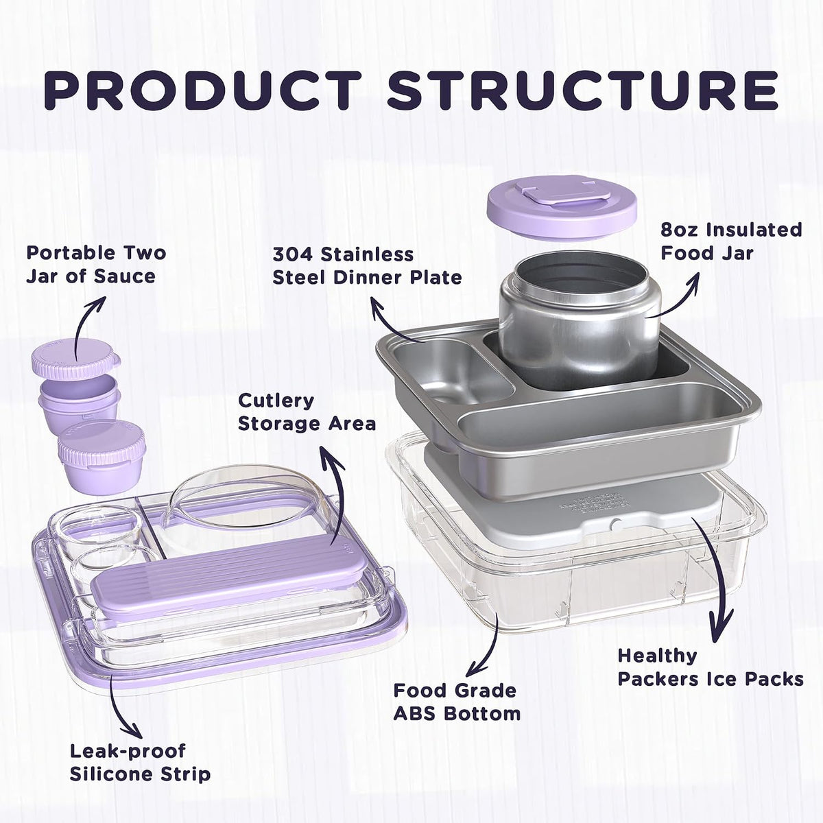 Stainless Steel Bento Lunch Box for Kids Adults with 8oz Insulated Food Jar,Ice Pack,Leak-proof,Dishwasher-Safe,Transparent Lid with Sauce Cup and Cutlery Storage for School & Travel,BPA-Free(Purple)
