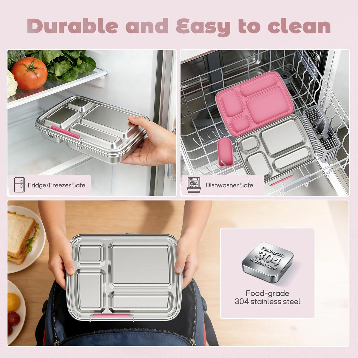 Stainless Steel Bento Box for Kids, Kids Lunch Box with 4-Compartment, Metal Lunch Box with Silicone Container & Sauce Cup, Durable Lunch Box Containers for School and Office (Pink)