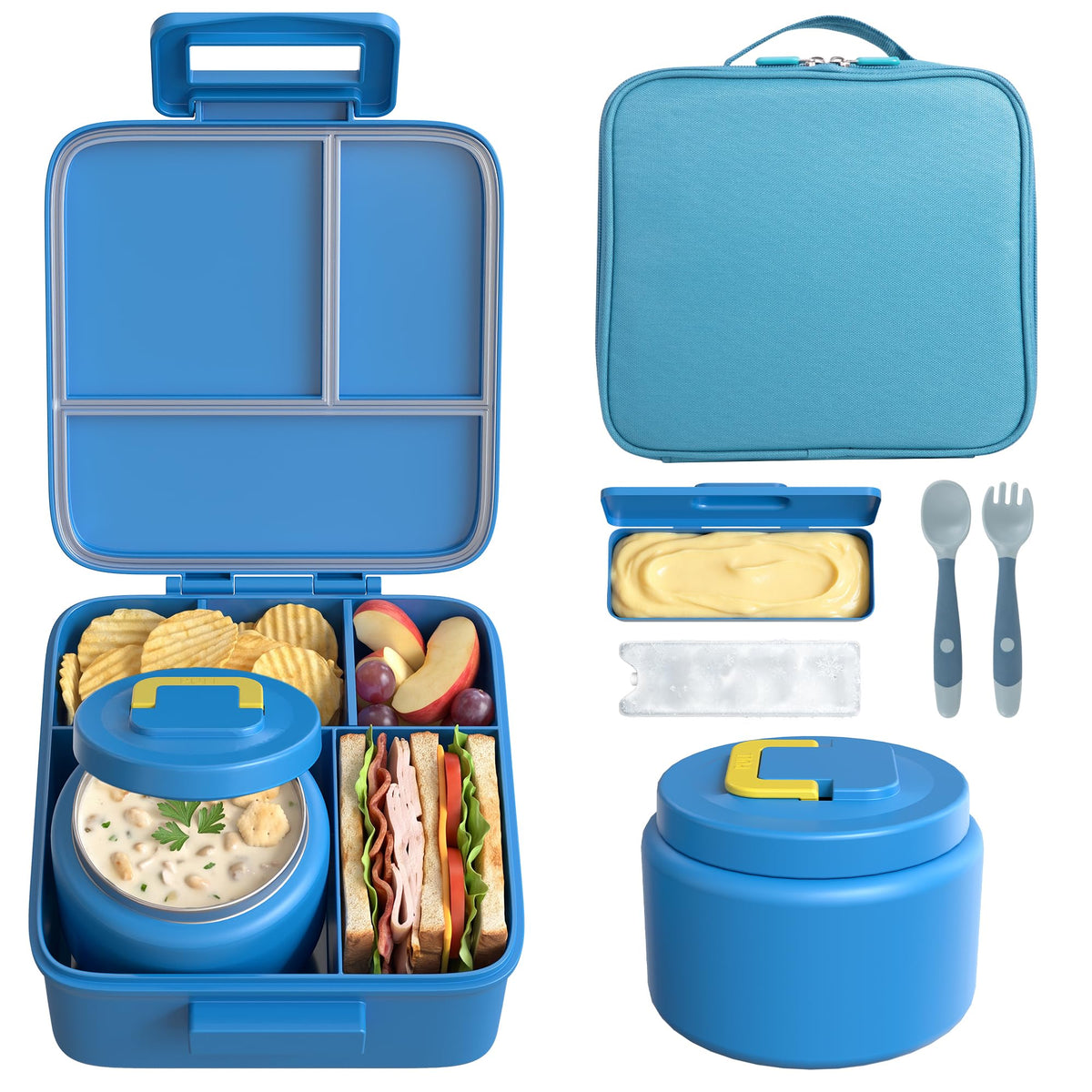 MAISON HUIS Bento Lunch Box with 8oz Soup Thermo, 5-Compartment Leak-Proof Container, Thermo Hot Food Jar and Insulated Lunch Bag, BPA Free,Travel, School