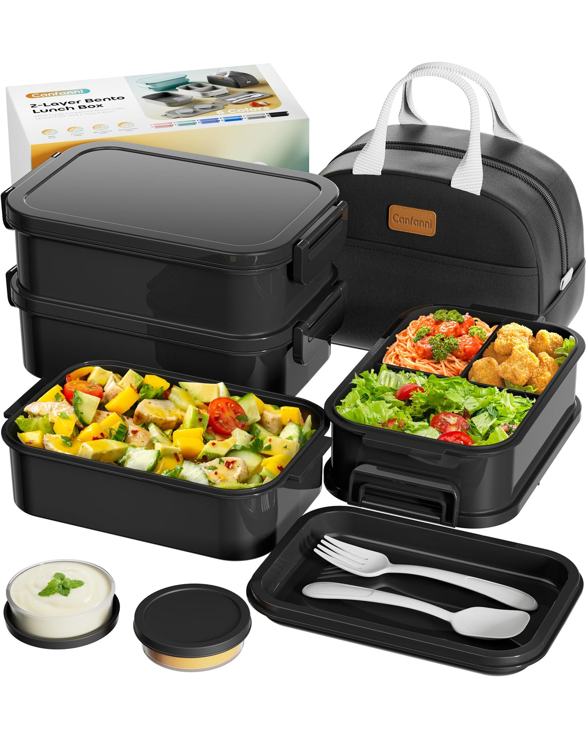 Adults Bento Box with Insulated Lunch Bag, 74oz Capacity 3 Stackable Leak-Proof Bento Box Built-In Utensil and Sauce, PFAS & BPA-Free, Microwave & Dishwasher Safe (Astral Black)