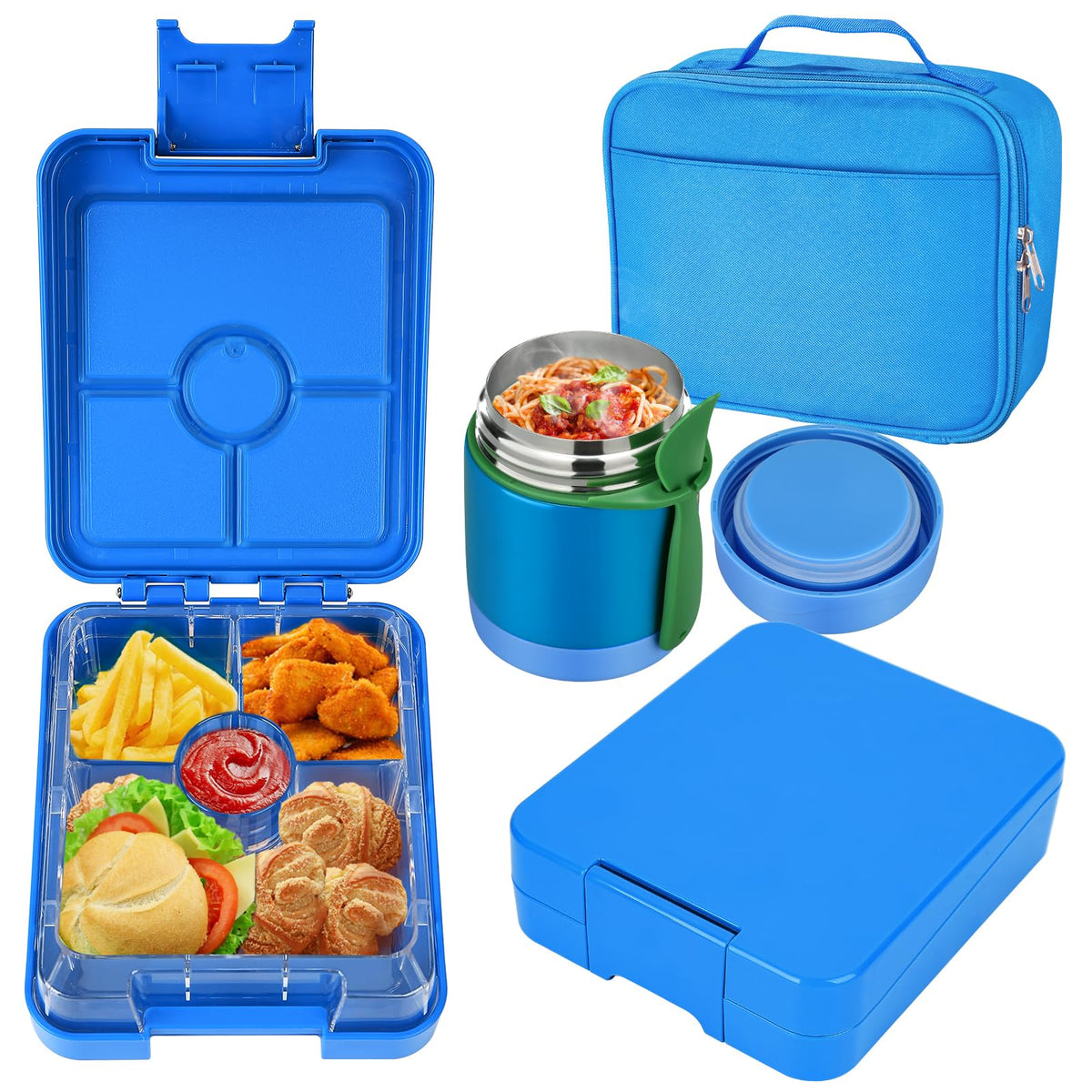 Bento Lunch Box Set for Kids with 10oz Soup Thermo, Leak-Proof Lunch Containers with 4 Compartment, Kids Thermo Hot Food Jar and Insulated Lunch Bag for Kid to School,BPA-Free(Black)