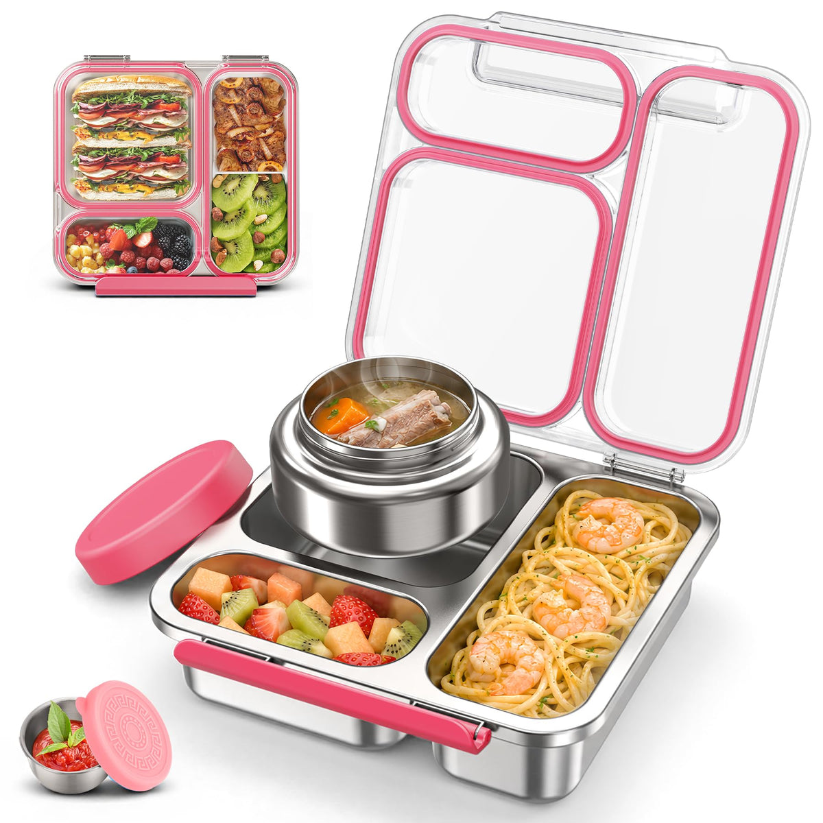 Stainless Steel Bento Box Kids Adult with 7oz Soup Thermo, Transparent Lid 3 Compartments Metal Bento Lunch Box with Insulated Food Jar,Lunch Box Container Sauce Cup for School,BPA-Free(Purple)
