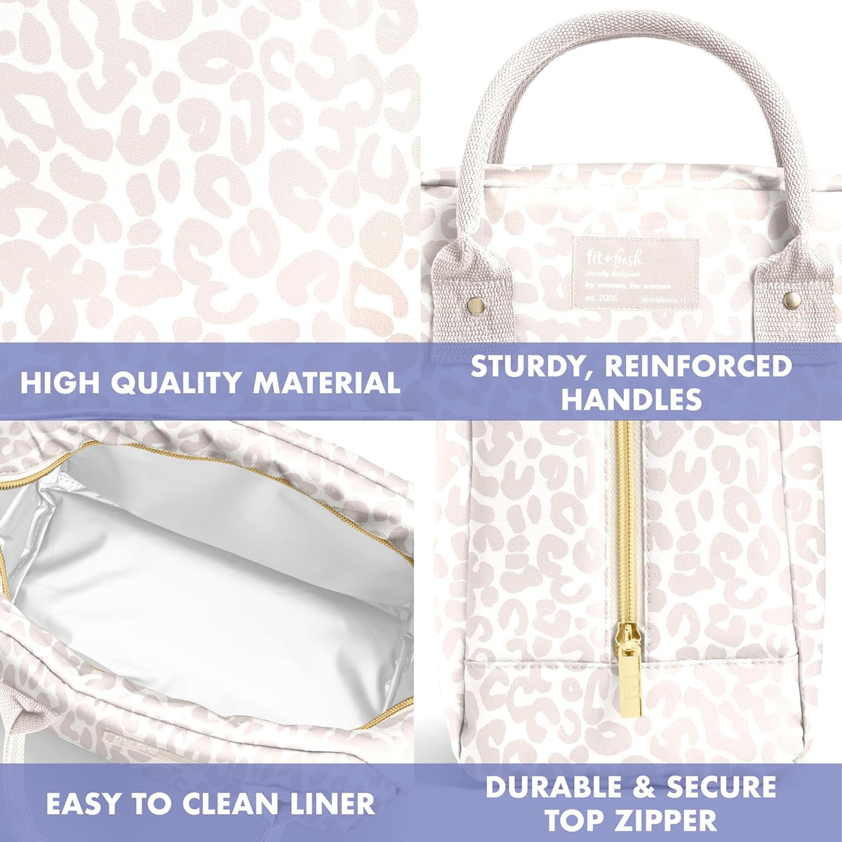 Fit & Fresh Bloomington Lunch Bag for Women - Insulated Large Lunch Box for Work with Containers, Leak-Resistant, Stain-Resistant, Zipper Closure, Feline Fine Ivory
