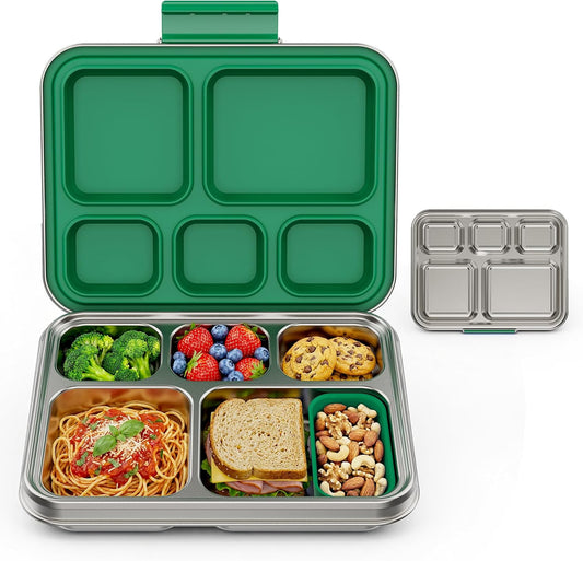 Pawtong Stainless Steel Lunch Box, 5-Compartment Bento Lunch Box for Kids & Adults,Metal Lunch Box with Removable Silicone Container, Lunch Box Containers for School,Office(Green)