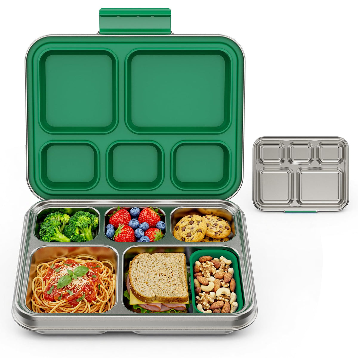 Pawtong Stainless Steel Lunch Box, 5-Compartment Bento Lunch Box for Kids & Adults,Metal Lunch Box with Removable Silicone Container, Lunch Box Containers for School,Office(Green)