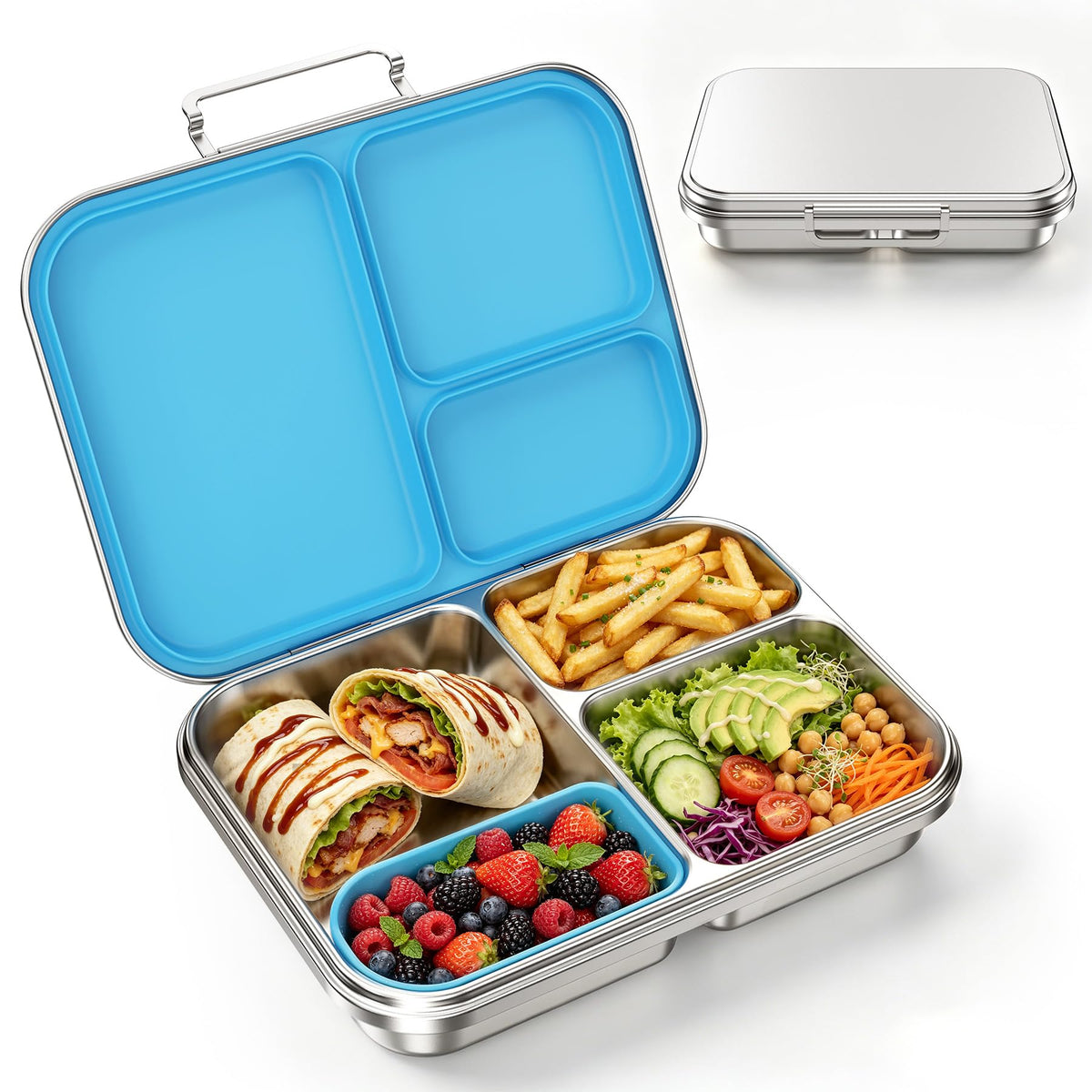 Stainless Steel Bento Lunch Box for Kids and Adults,3 Compartment Meal Lunch Box with Detachable Silicone Lid,Leak-Resistant Food Container with Snack Cup for School,BPA-Free(Grey)