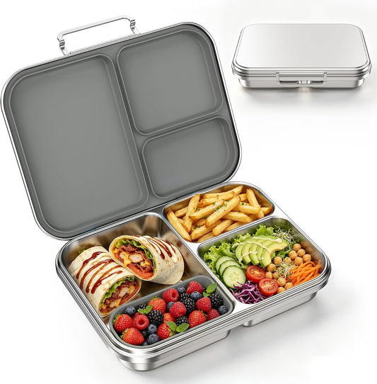 Stainless Steel Bento Lunch Box for Kids and Adults,3 Compartment Meal Lunch Box with Detachable Silicone Lid,Leak-Resistant Food Container with Snack Cup for School,BPA-Free(Grey)