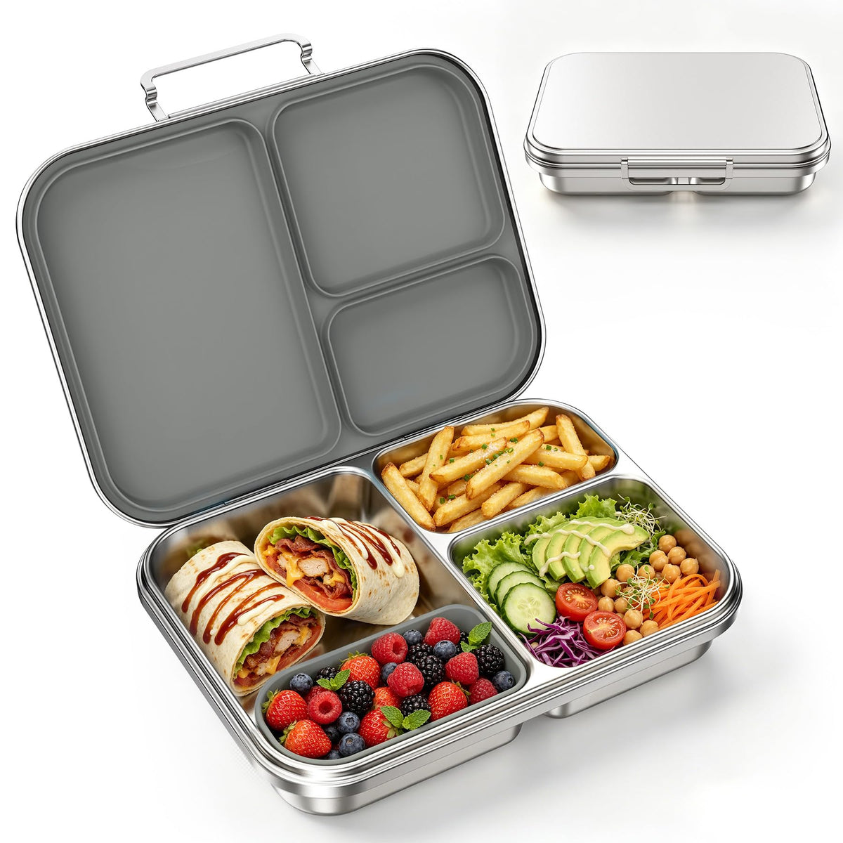 Stainless Steel Bento Lunch Box for Kids and Adults,3 Compartment Meal Lunch Box with Detachable Silicone Lid,Leak-Resistant Food Container with Snack Cup for School,BPA-Free(Grey)