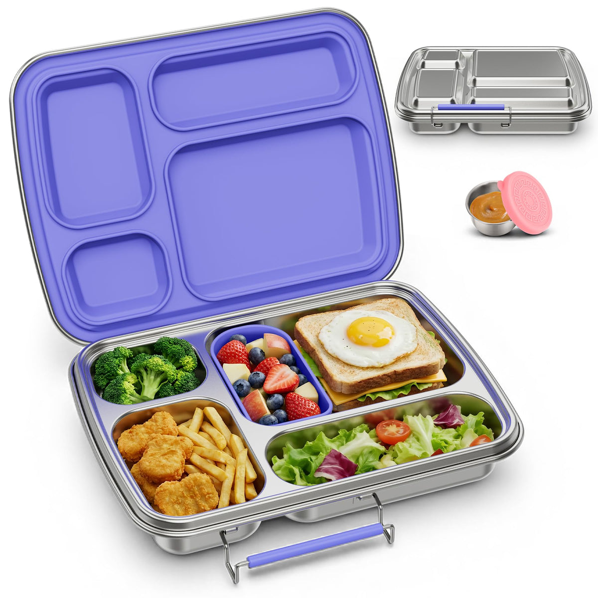 Stainless Steel Bento Lunch Box for Kids & Adults, 4 Compartment Kids Lunch Box, Metal Bento Box with Silicone Container and Stainless Steel Sauce Container,BPA-Free,School,Office(Pink)