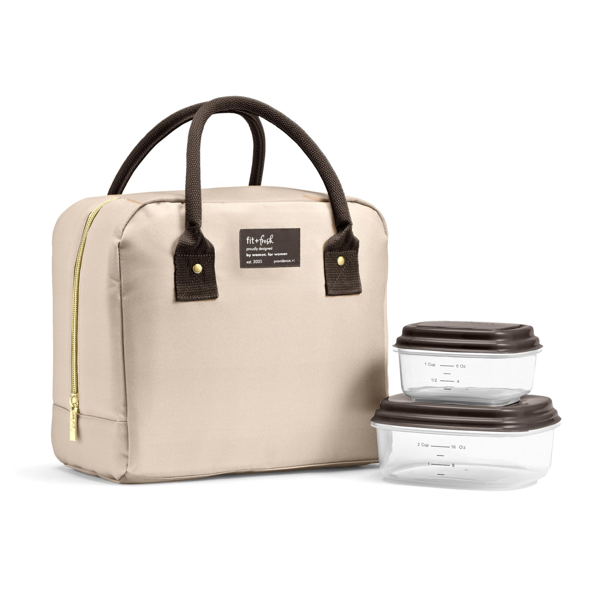 Fit & Fresh Bloomington Lunch Bag for Women - Insulated Large Lunch Box for Work with Containers, Leak-Resistant, Stain-Resistant, Zipper Closure, Feline Fine Ivory