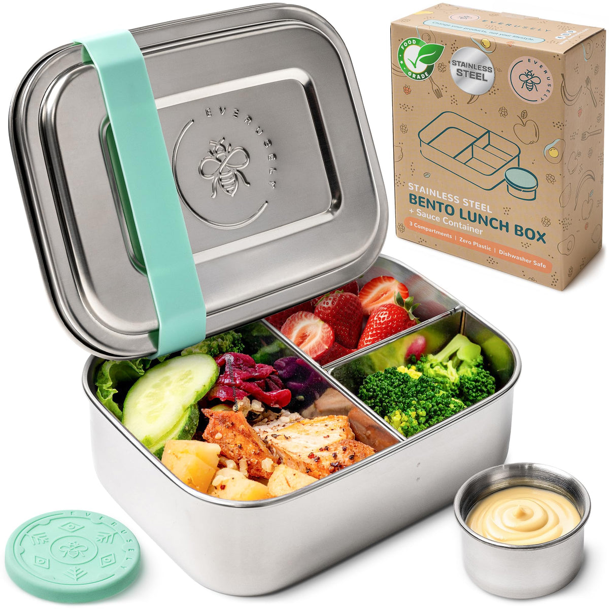 Stainless Steel Bento Box + Condiment Container - Sage, 60oz / 1.8 L