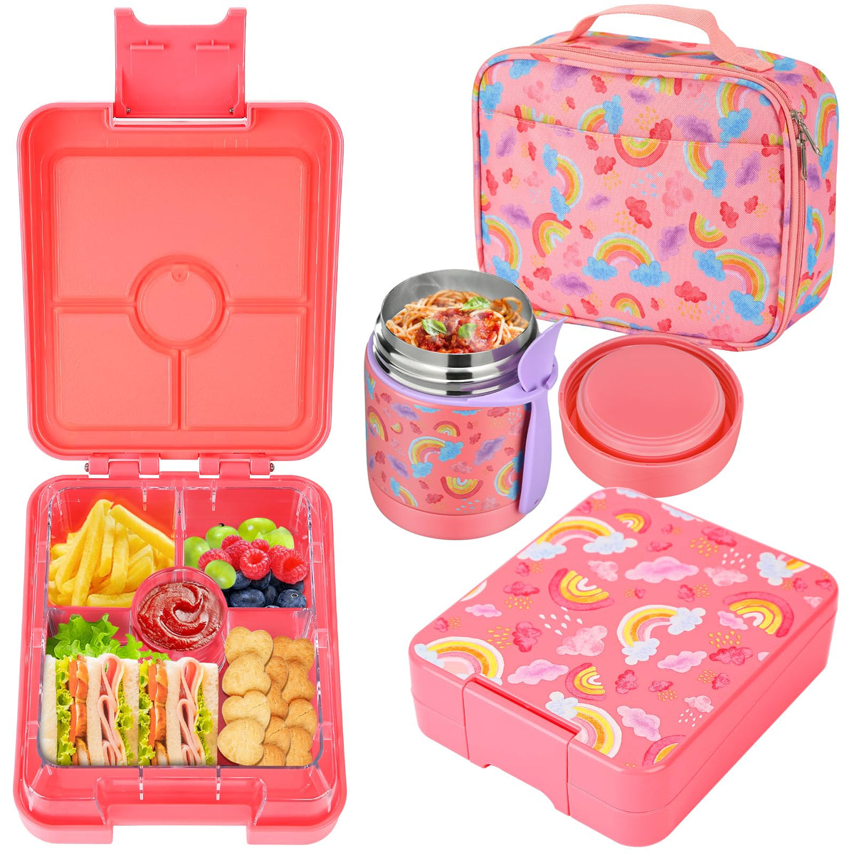 Bento Lunch Box Set for Kids with 10oz Soup Thermo, Leak-Proof Lunch Containers with 4 Compartment, Kids Thermo Hot Food Jar and Insulated Lunch Bag for Kid to School,BPA-Free(Black)