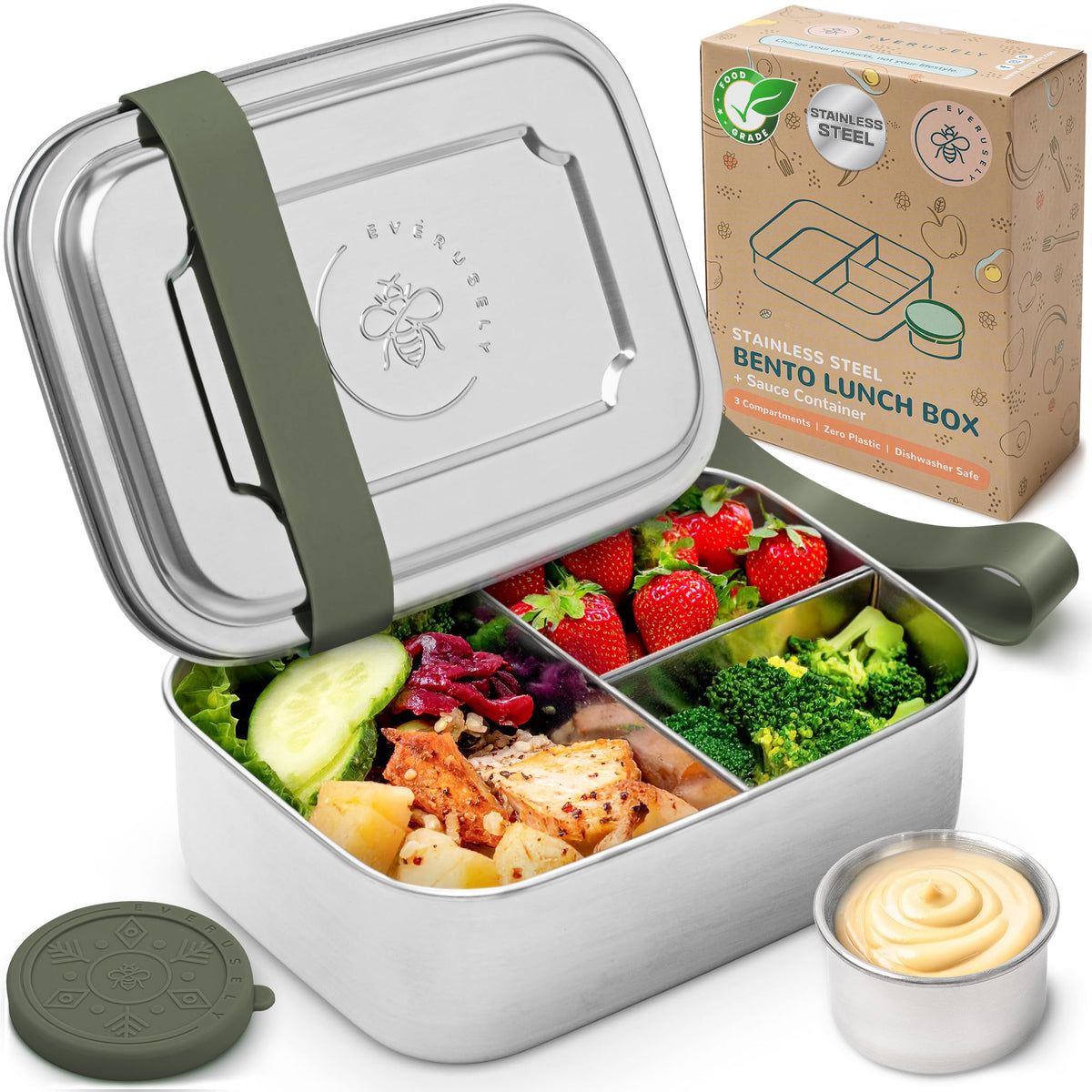 Stainless Steel Bento Box + Condiment Container - Sage, 60oz / 1.8 L