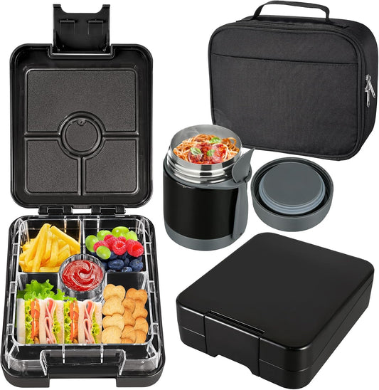 Bento Lunch Box Set for Kids with 10oz Soup Thermo, Leak-Proof Lunch Containers with 4 Compartment, Kids Thermo Hot Food Jar and Insulated Lunch Bag for Kid to School,BPA-Free(Black)