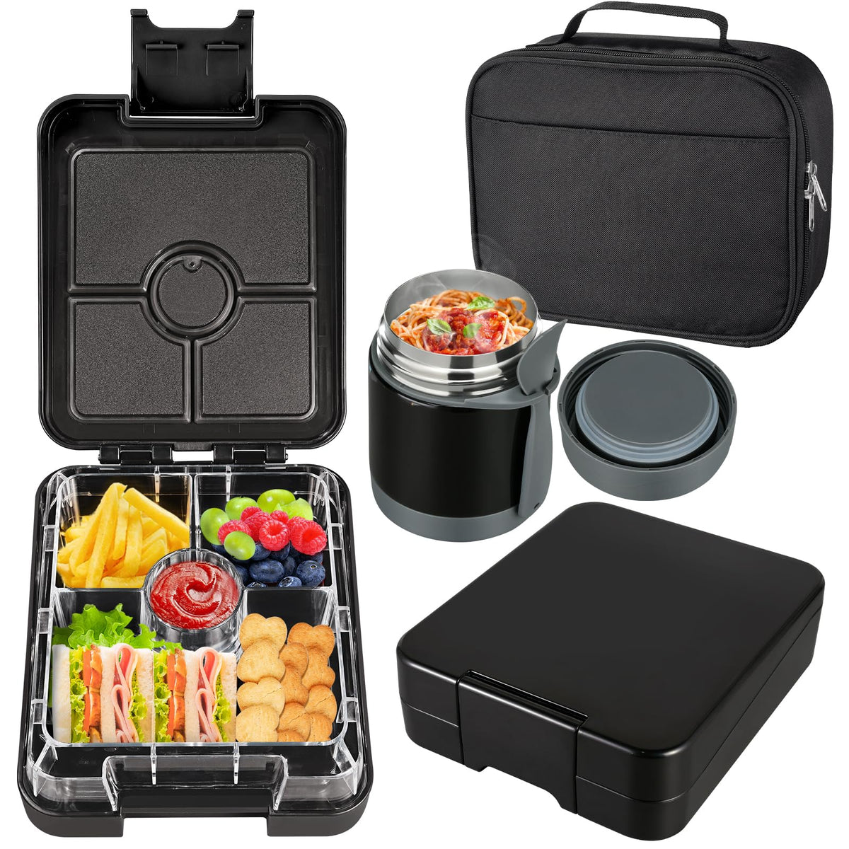 Bento Lunch Box Set for Kids with 10oz Soup Thermo, Leak-Proof Lunch Containers with 4 Compartment, Kids Thermo Hot Food Jar and Insulated Lunch Bag for Kid to School,BPA-Free(Black)