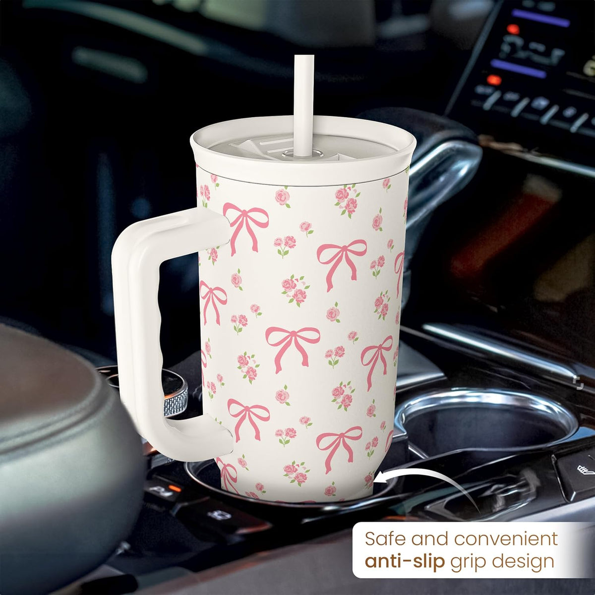 SANDJEST Bow Tumbler with Handle 40oz, Stainless Steel Insulated Tumblers Coffee Travel Cup with Slider Straw Lid, Gifts for Women Teen Girls Birthday