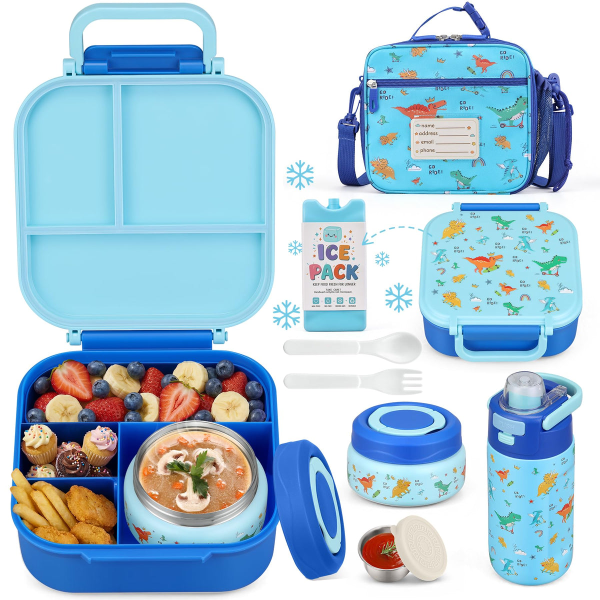 Bento Lunch Box for Kids with 7oz Soup Thermo,Insulated Stainless Steel Kids Water Bottle with Straw and Insulated Lunch Bag,Leak-Proof Lunch Food Container with Ice Pack for School(Black)