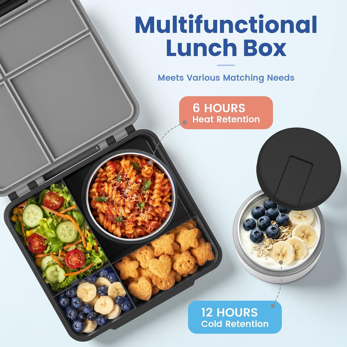 LOHASOK Bento Lunch Box for Kids with 8oz Soup Thermo, Black