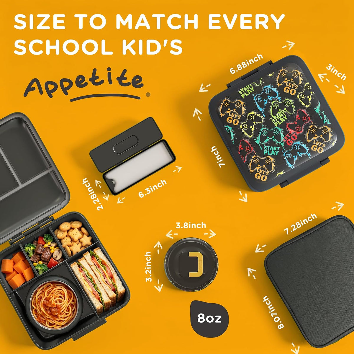 JXXM Bento Lunch Box for Kids With 8oz Soup thermo,Leak-proof Lunch Containers with 5 Compartment,thermo Food Jar and Lunch Bag, Food Containers for School (A-Black(Game Consoley))