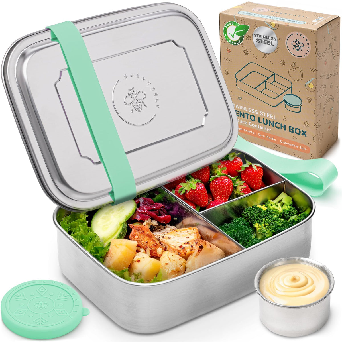 Stainless Steel Bento Box + Condiment Container - Sage, 60oz / 1.8 L